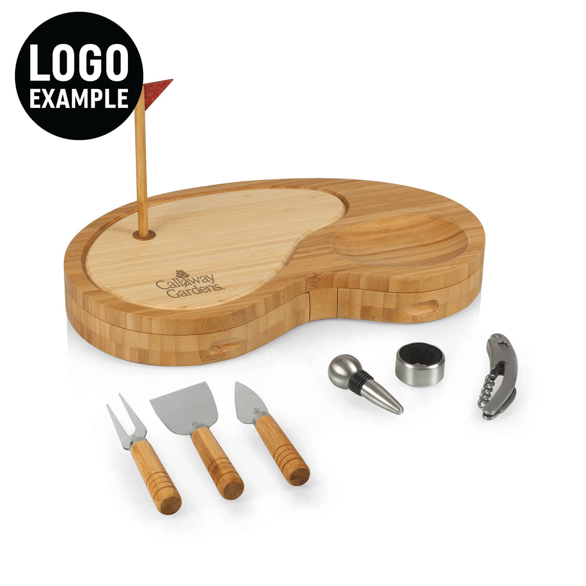 Golf-shaped bamboo cutting board with sand trap design, red flag, and stainless steel cheese tools
