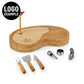 Golf-shaped bamboo cutting board with sand trap design, red flag, and stainless steel cheese tools