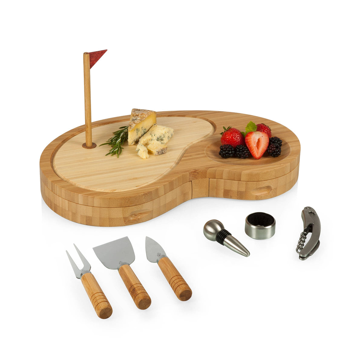 Golf-themed sand trap bamboo cheese board set with cutting knives, wine stopper, and corkscrew tools displayed on white background