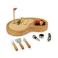 Golf-themed sand trap bamboo cheese board set with cutting knives, wine stopper, and corkscrew tools displayed on white background