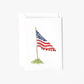Mini notecard with watercolor American flag on grass with gold finial, blank inside, includes envelope