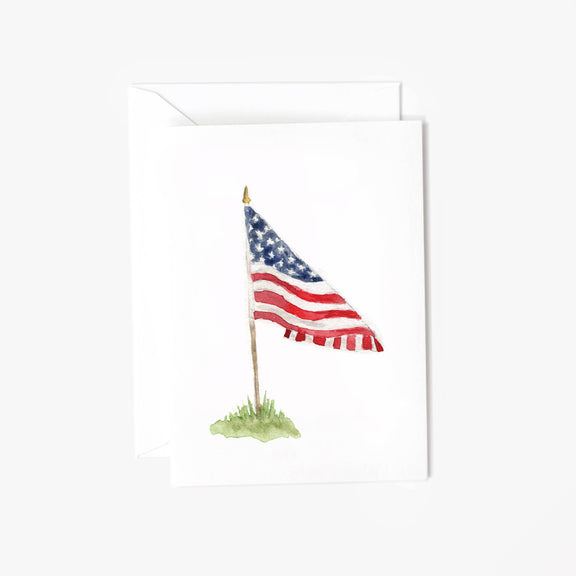 Mini notecard with watercolor American flag on grass with gold finial, blank inside, includes envelope
