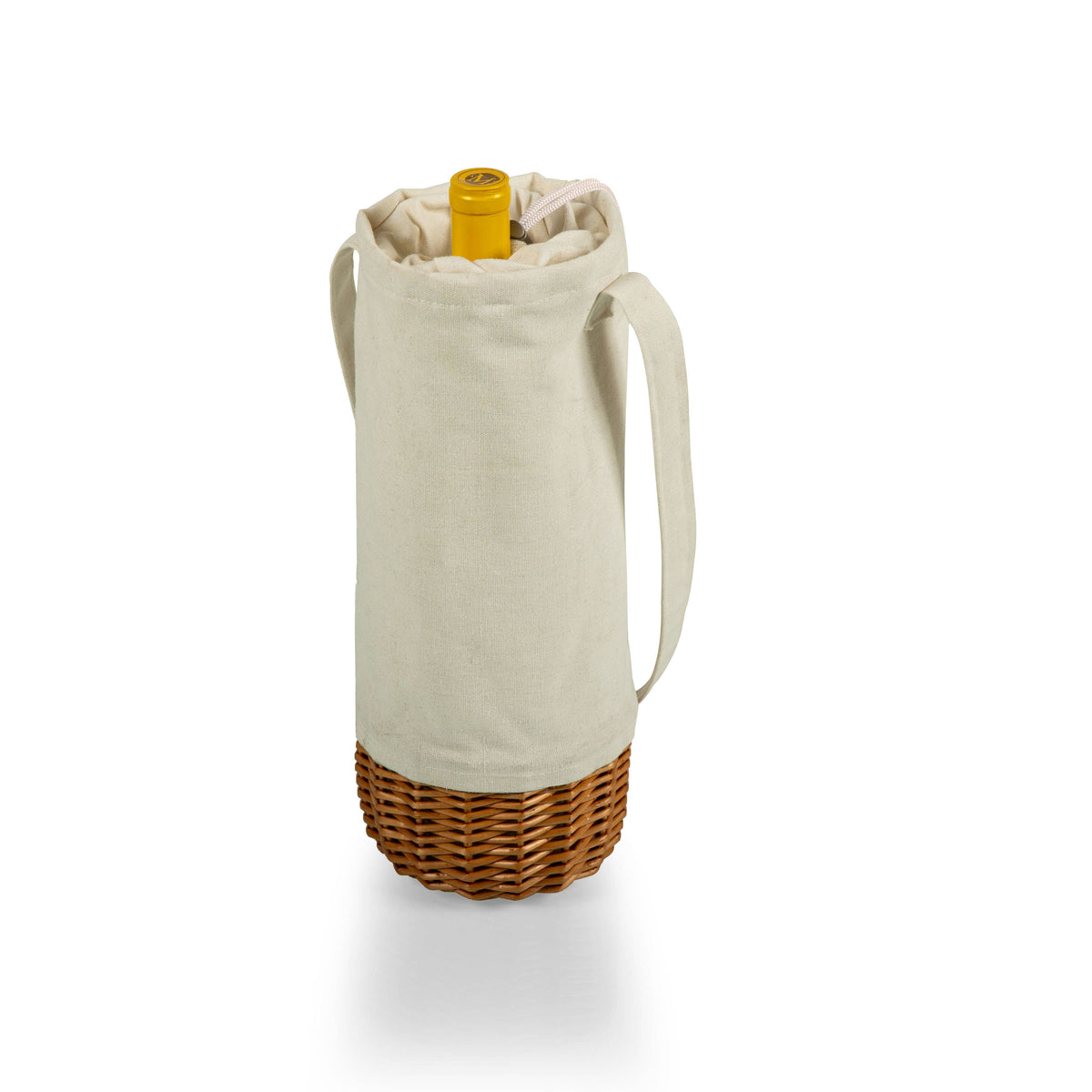 Cream canvas wine tote with wicker base, dual handles, and yellow wine bottle visible in padded interior
