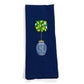 Navy cotton flour sack dish towel with embroidered yellow and white lemon topiary in blue damask pot