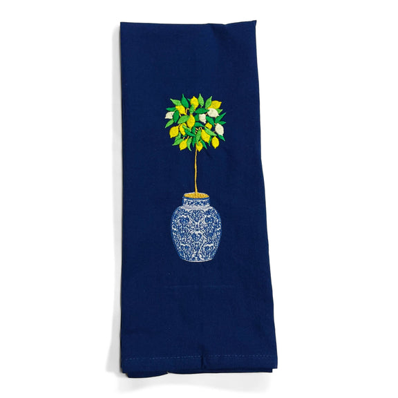 Navy cotton flour sack dish towel with embroidered yellow and white lemon topiary in blue damask pot