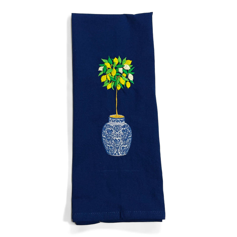 Navy cotton flour sack dish towel with embroidered yellow and white lemon topiary in blue damask pot