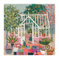 Colorful illustration of a white-framed greenhouse with lush potted plants, flowering vines, and geometric patterned flooring in coral and navy tones