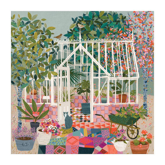 Colorful illustration of a white-framed greenhouse with lush potted plants, flowering vines, and geometric patterned flooring in coral and navy tones