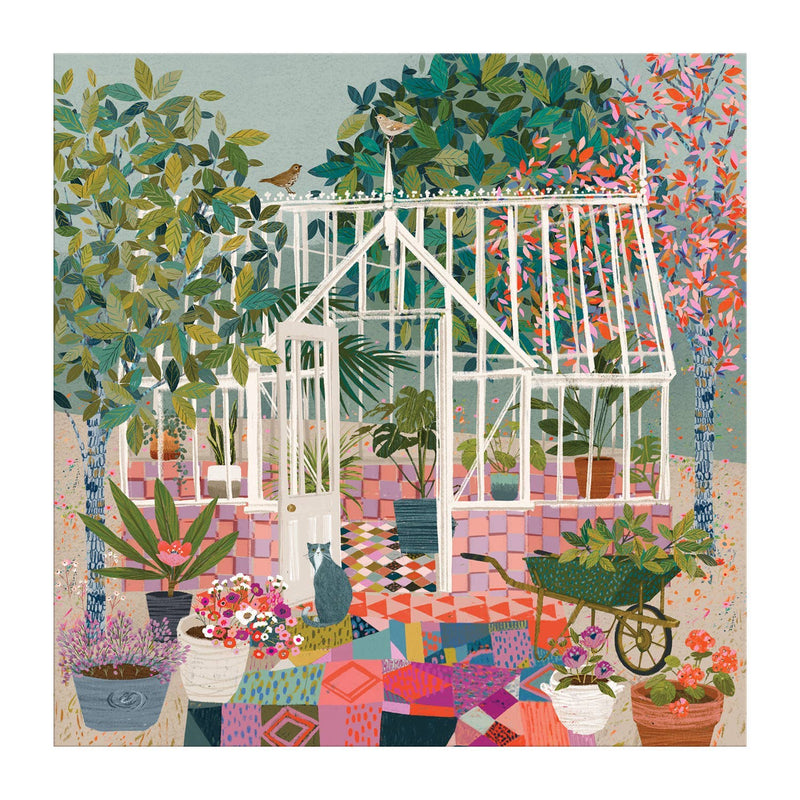 Colorful illustration of a white-framed greenhouse with lush potted plants, flowering vines, and geometric patterned flooring in coral and navy tones