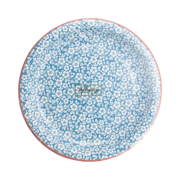 Blue and white floral patterned paper plate with coral rim, shown flat