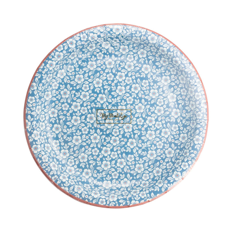 Blue and white floral patterned paper plate with coral rim, shown flat