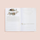 Open pages of My Gardening Journal showing weekly planner with 'Week Of' botanical header, to-do checklist, and notes section with hand-drawn flower and plant illustrations in neutral tones