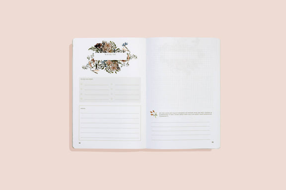 Open pages of My Gardening Journal showing weekly planner with 'Week Of' botanical header, to-do checklist, and notes section with hand-drawn flower and plant illustrations in neutral tones