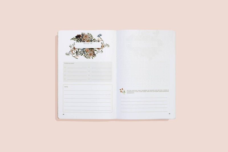 Open pages of My Gardening Journal showing weekly planner with 'Week Of' botanical header, to-do checklist, and notes section with hand-drawn flower and plant illustrations in neutral tones