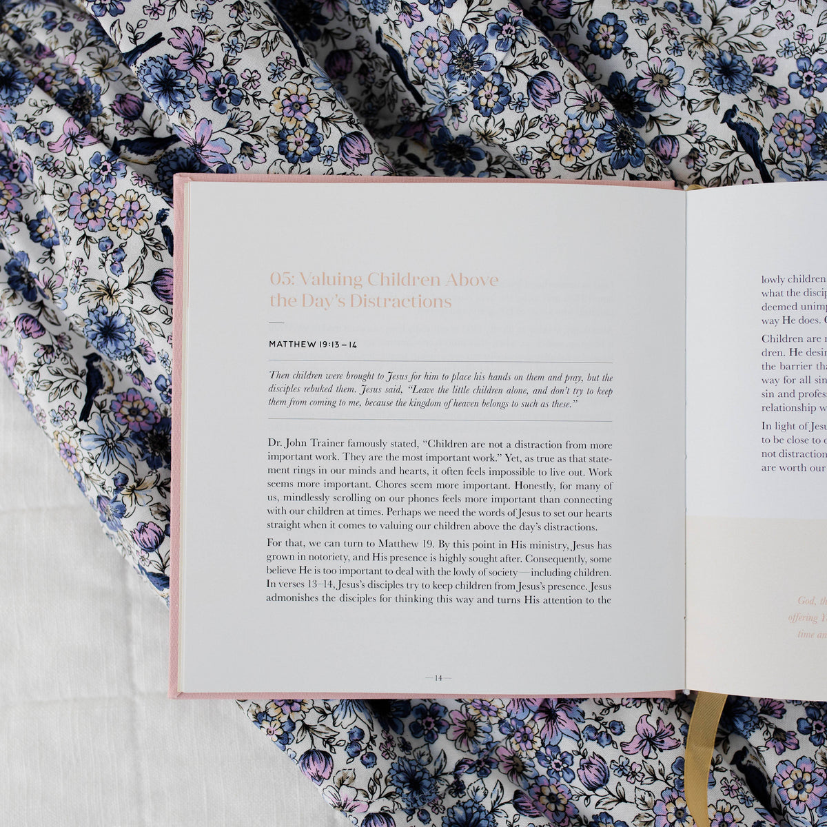 Motherhood Devotional with rose-pink cover open to interior pages showing scripture and text, resting on blue and purple floral fabric