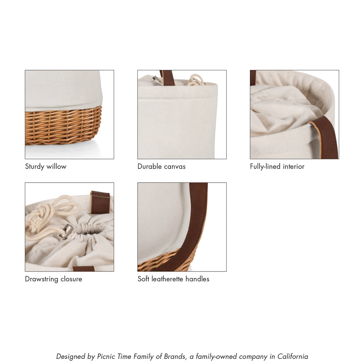 Pico Insulated Basket Tote details: sturdy wicker base, durable cream canvas with brown leatherette handles, soft quilted interior, drawstring closure, family-owned California brand