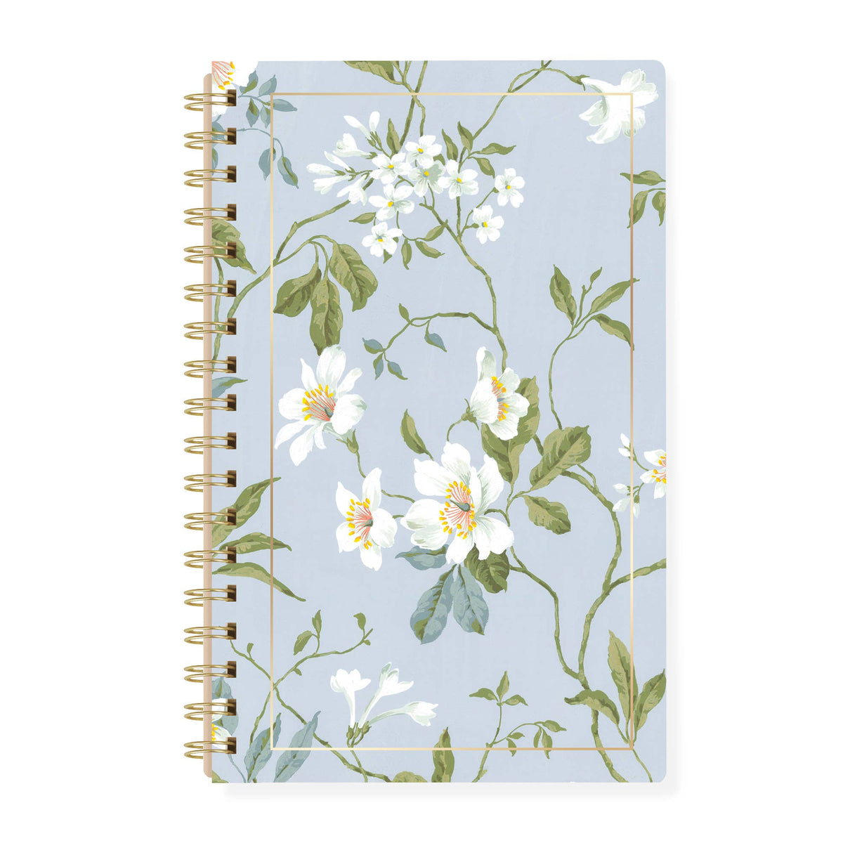 Taupe spiral journal with white and yellow flowers on light blue cover, gold binding, botanical vine design, 6x9.5 in