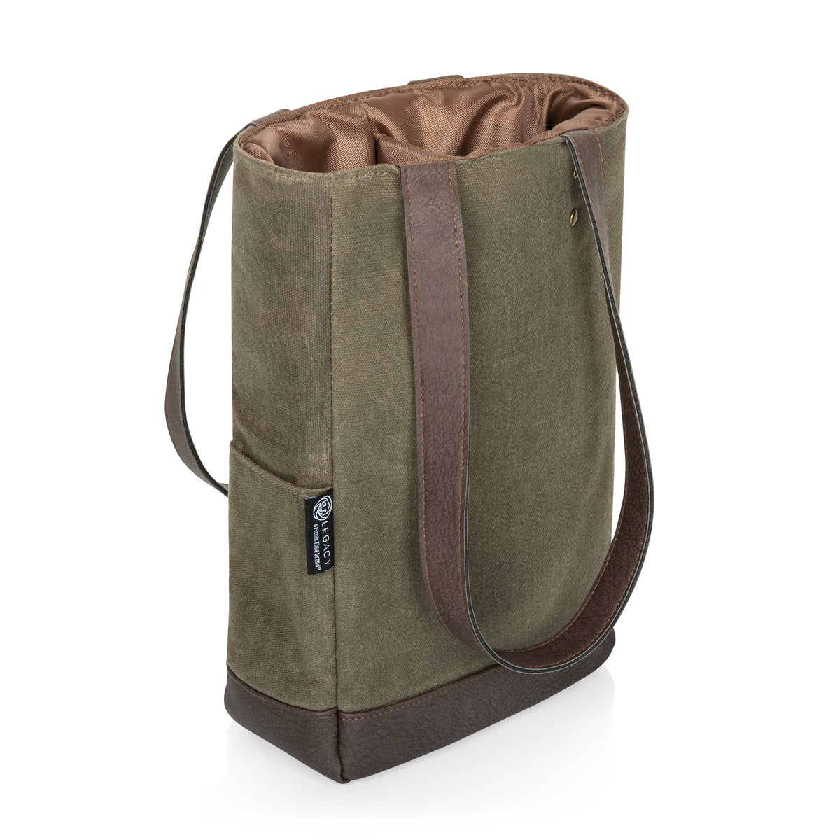 Sage green canvas wine tote with brown leather handles and insulated tan lining, cylindrical shape for holding two bottles