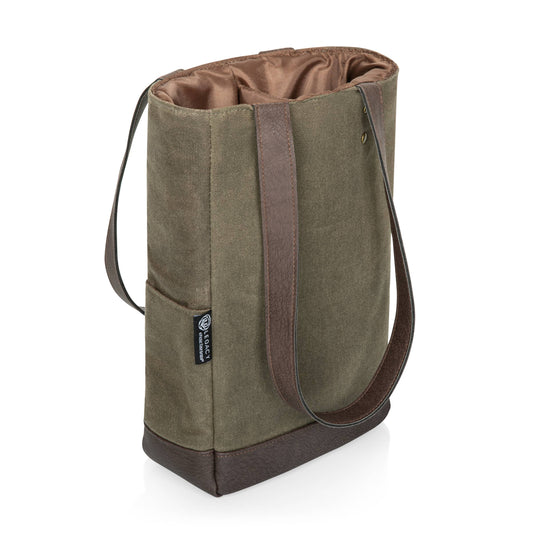 Sage green canvas wine tote with brown leather handles and insulated tan lining, cylindrical shape for holding two bottles