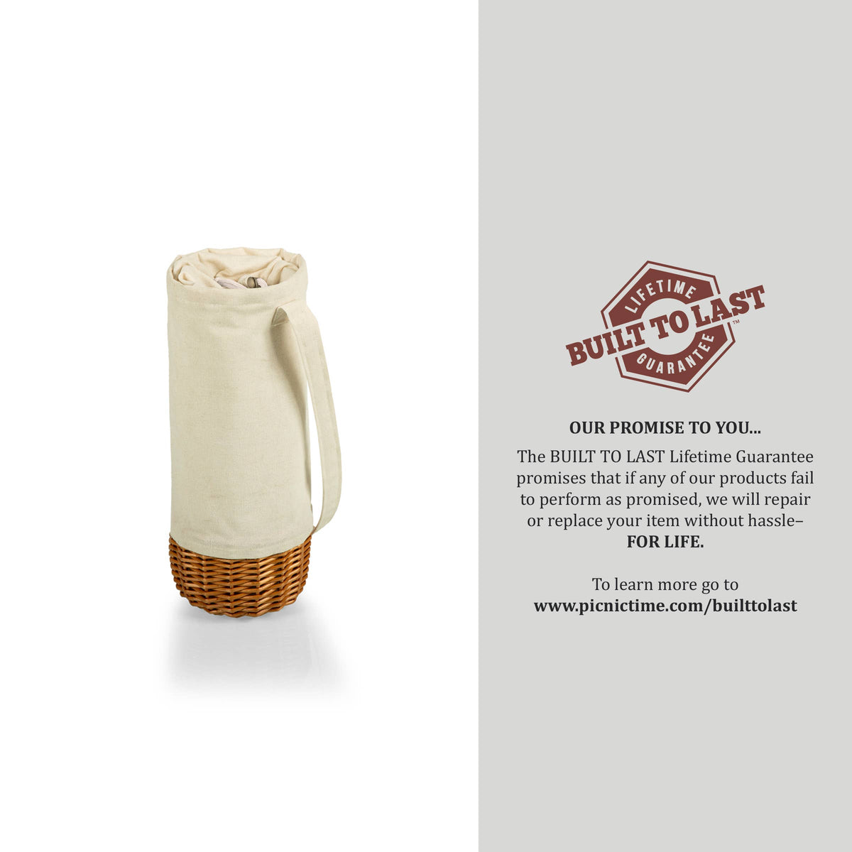 Cream fabric wine tote with woven wicker basket base and adjustable handles