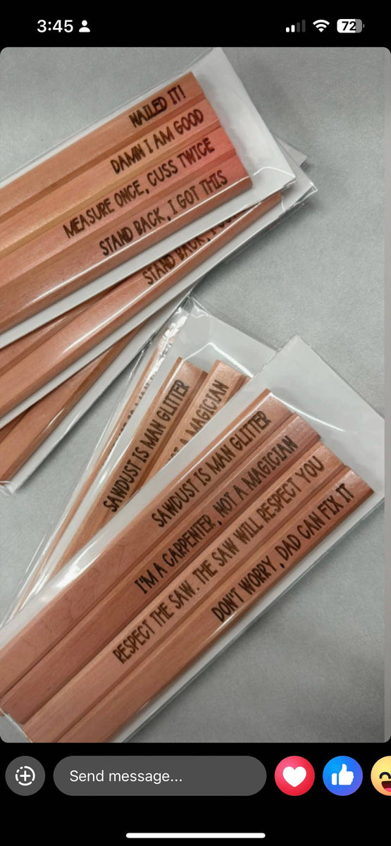 Natural wood carpenter pencils with engraved text packed in clear sleeves, flat-sided wooden pencils with humorous phrases