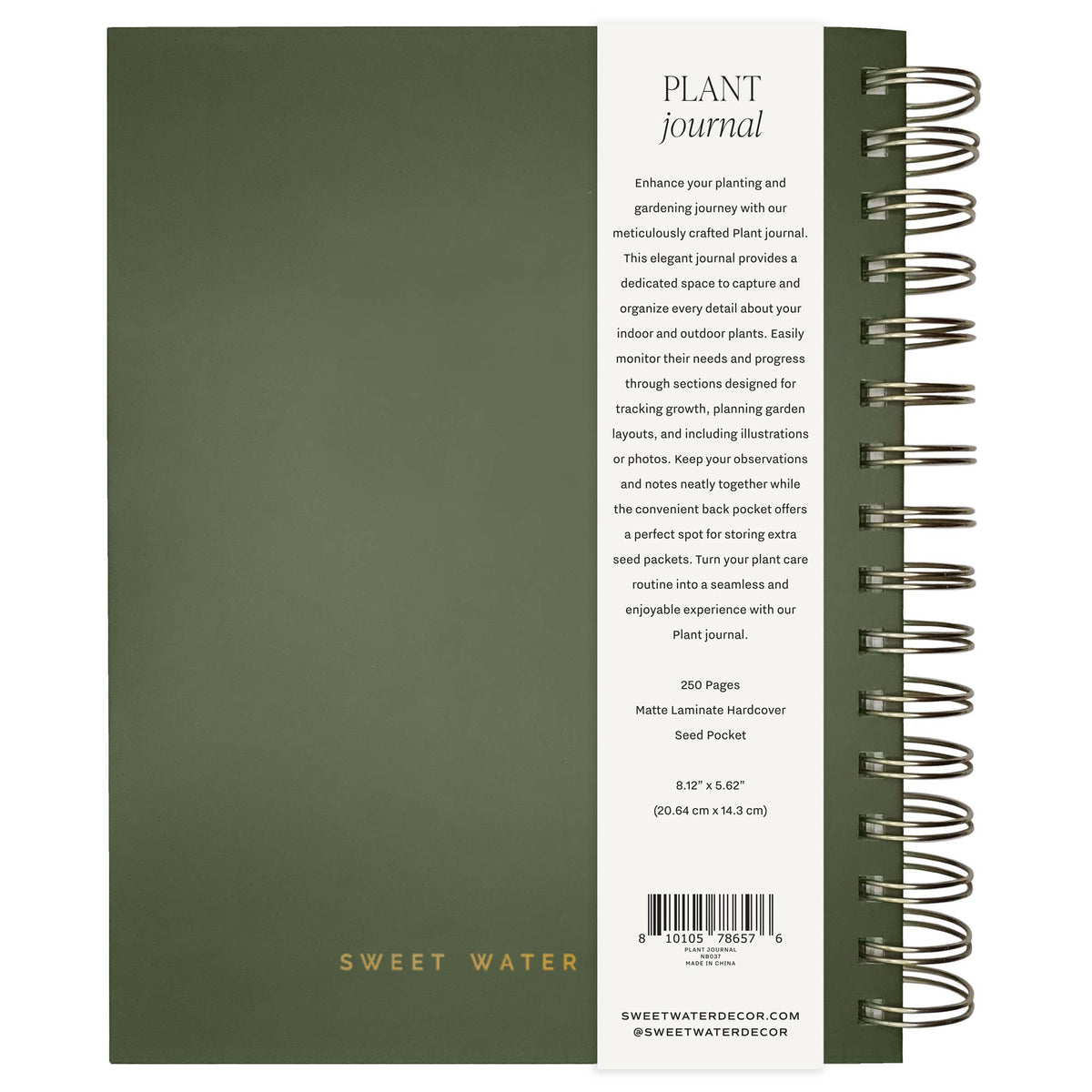 Sage green spiral-bound plant journal with matte laminate hardcover, 250 pages, 8.12" x 5.62", displayed open showing title and product details. Sweet Water Decor.
