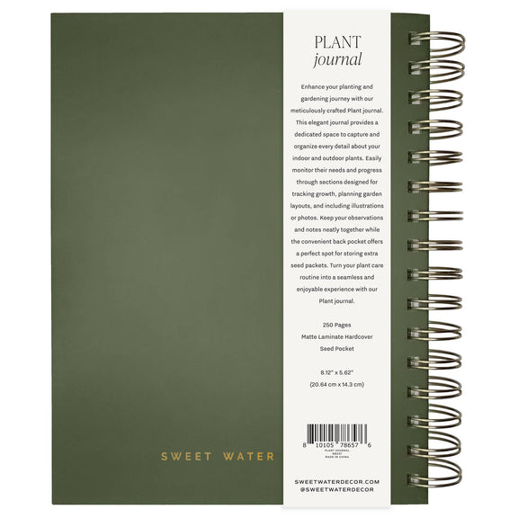 Sage green spiral-bound plant journal with matte laminate hardcover, 250 pages, 8.12" x 5.62", displayed open showing title and product details. Sweet Water Decor.