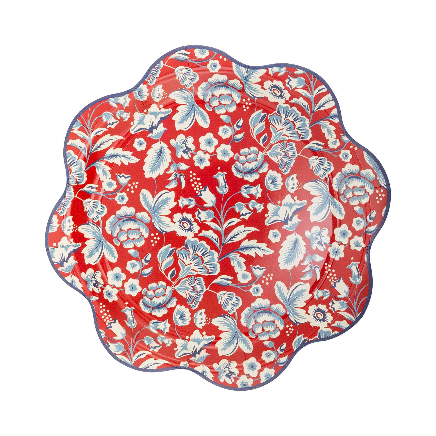 Red paper plate with white and blue floral botanical Americana print and scalloped wave edge
