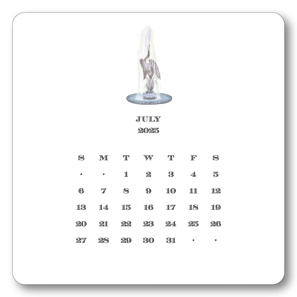 July 2025 calendar page with hand-drawn illustration of bird perched over flowering plants in blue basin, printed on cream cardstock