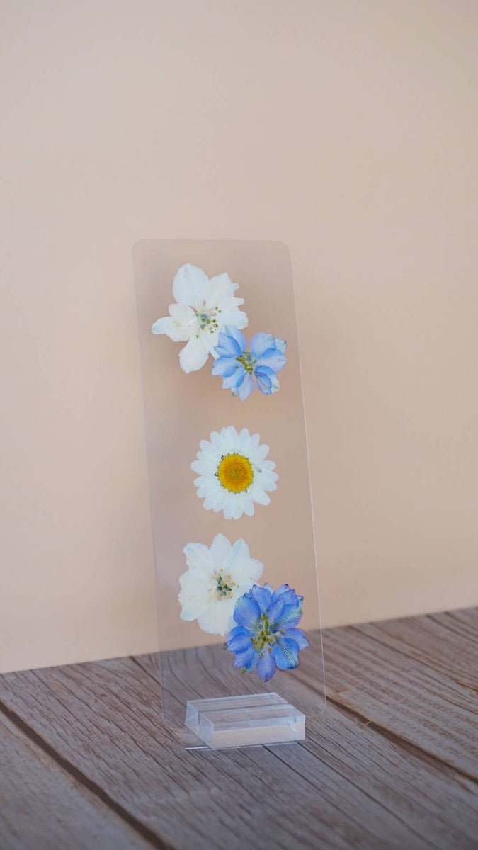 Clear bookmark displaying white daisy and blue forget-me-not pressed flowers arranged vertically on transparent resin base