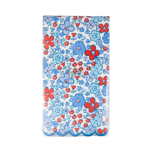 Red and blue floral print dinner napkin with scalloped edge