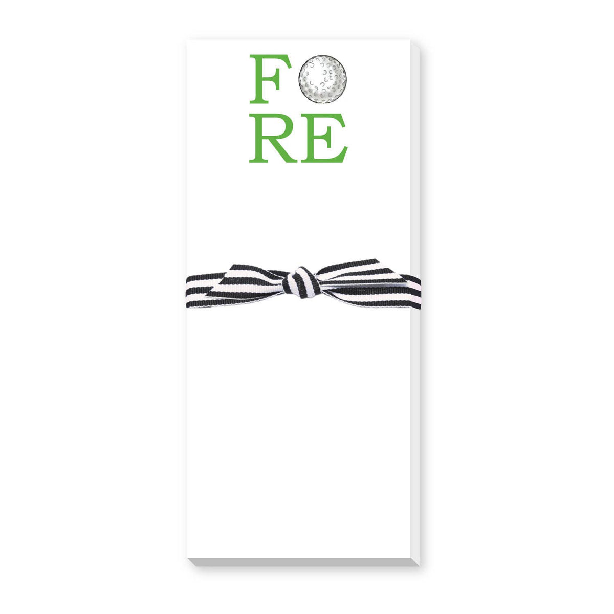 White slim notepad with green "FORE" text and golf ball graphic, black-and-white striped ribbon bow