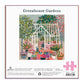 Greenhouse Gardens 500-piece jigsaw puzzle box featuring colorful botanical illustration of glass greenhouse with potted plants, flowers, and vibrant foliage