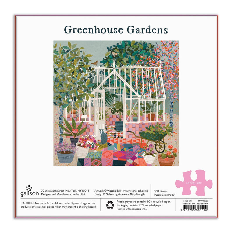 Greenhouse Gardens 500-piece jigsaw puzzle box featuring colorful botanical illustration of glass greenhouse with potted plants, flowers, and vibrant foliage
