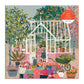 Illustrated 500-piece jigsaw puzzle showing a white-framed greenhouse filled with potted plants, flowers, and succulents in vibrant greens, pinks, and corals