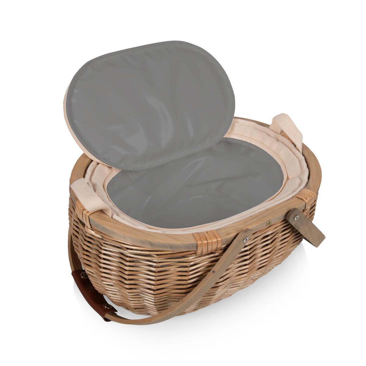 Handwoven willow picnic basket in beige and brown tones with open lid revealing insulated gray interior lining and cream fabric handles