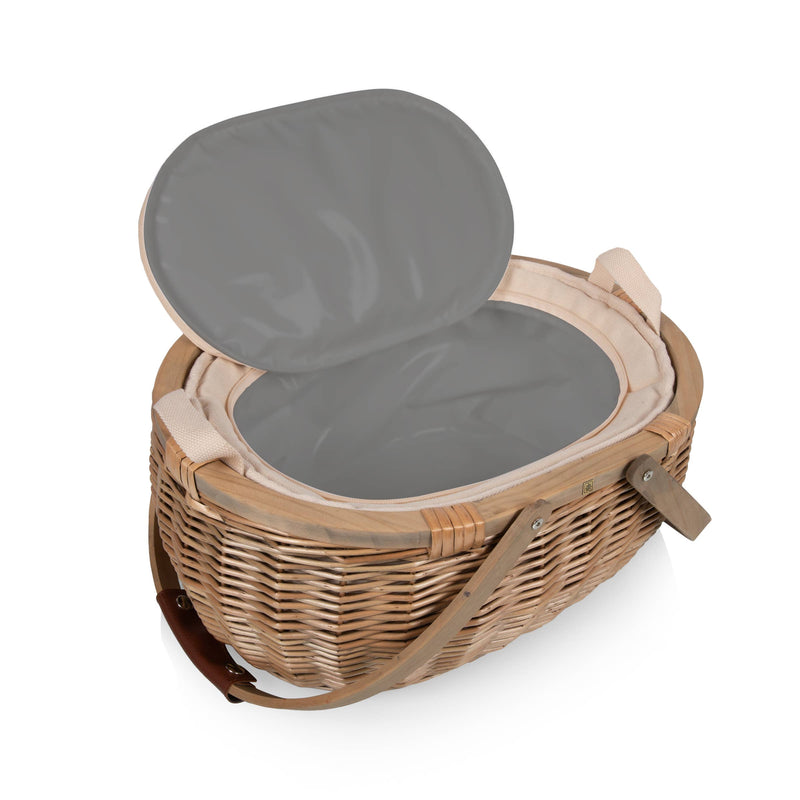Handwoven willow picnic basket in beige and brown tones with open lid revealing insulated gray interior lining and cream fabric handles