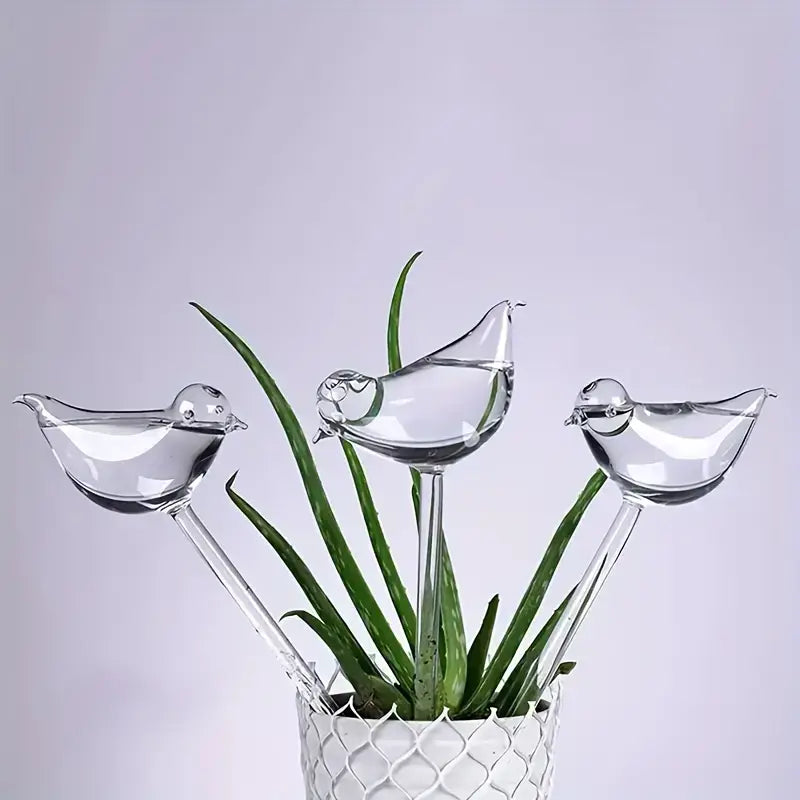 Three clear glass bird-shaped watering stakes with metal beaks and tops in a white textured pot filled with green succulent plants.