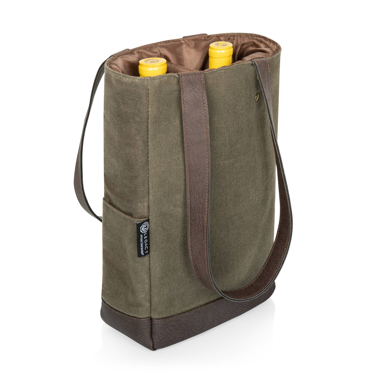 Olive-green insulated wine tote with brown trim and handles holding two yellow wine bottles upright