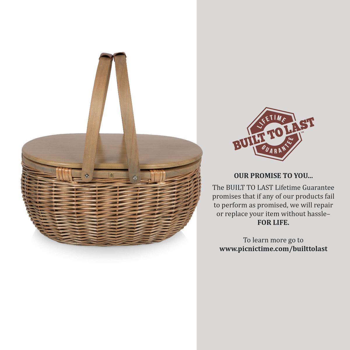 Beige wicker picnic basket with domed wooden lid and twin natural wood handles