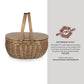 Beige wicker picnic basket with domed wooden lid and twin natural wood handles