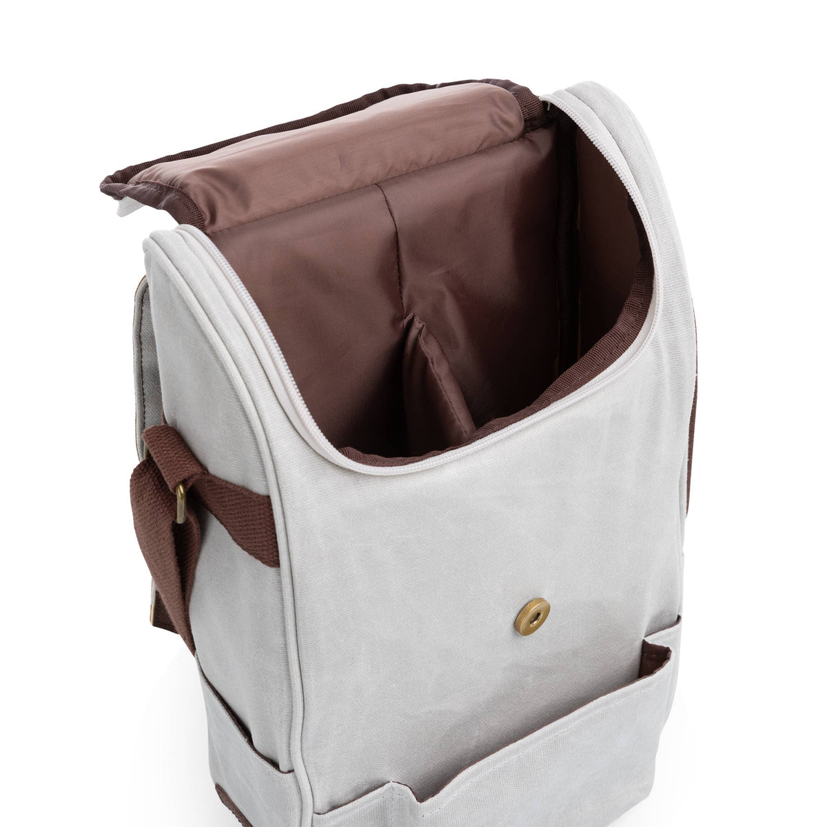 Cream insulated wine tote with brown handles and trim, open to show dark brown thermal lining and brass button closure