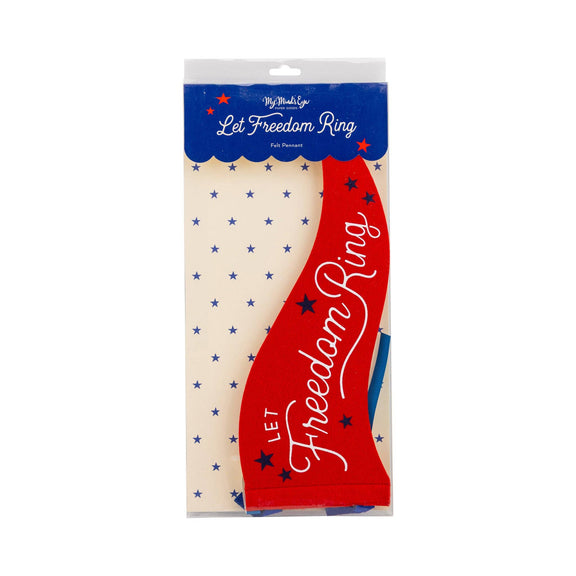 Red, white and blue felt pennant banner with "Let Freedom Ring" text and scattered stars, packaged for 4th of July décor