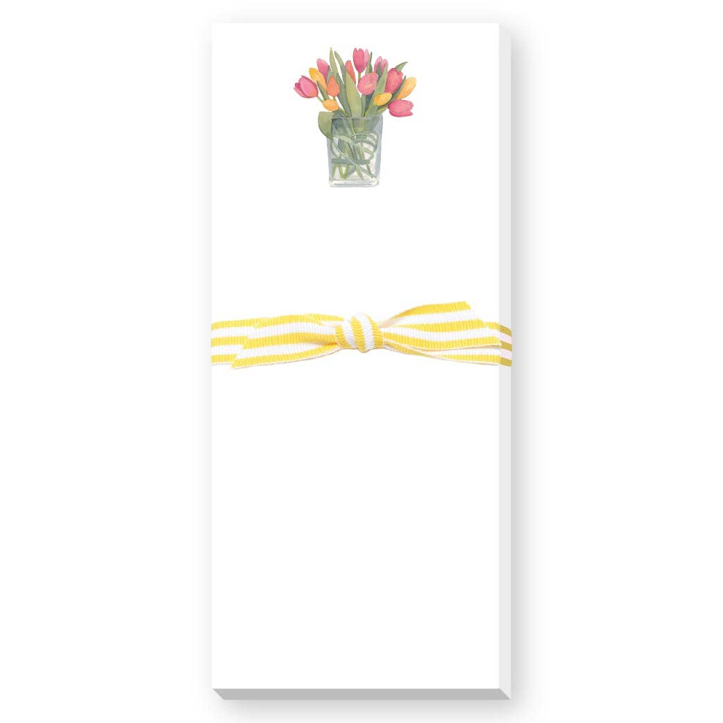 White Skinnie Notepad with pink and yellow tulips in glass vase illustration and yellow striped ribbon bow