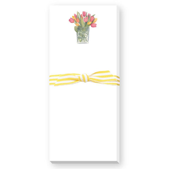 White Skinnie Notepad with pink and yellow tulips in glass vase illustration and yellow striped ribbon bow