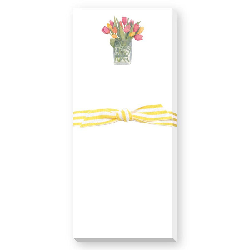 White Skinnie Notepad with pink and yellow tulips in glass vase illustration and yellow striped ribbon bow