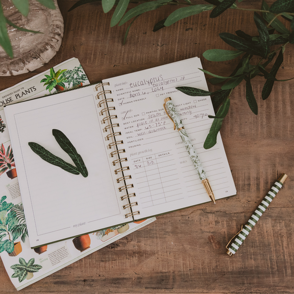 Spiral-bound plant journal with open pages displaying handwritten plant care logs and growth tracking, surrounded by green plant leaves on a wooden table.