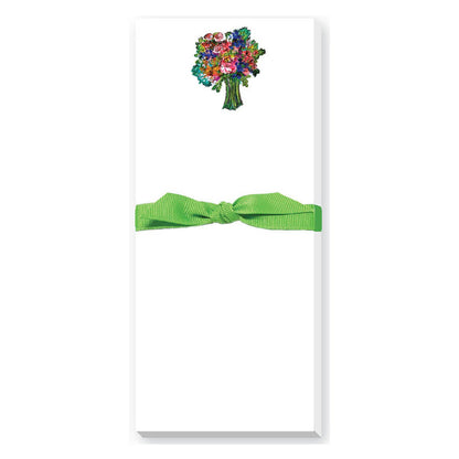 Slim white notepad with colorful bouquet illustration and green ribbon bow accent