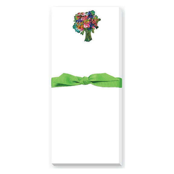 Slim white notepad with colorful bouquet illustration and green ribbon bow accent