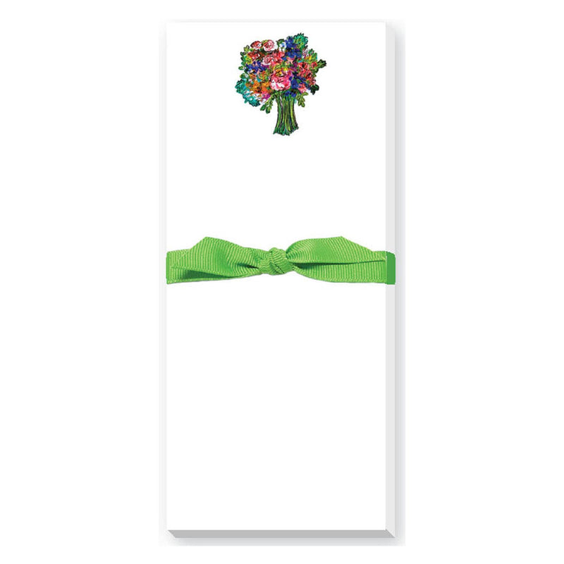 Slim white notepad with colorful bouquet illustration and green ribbon bow accent